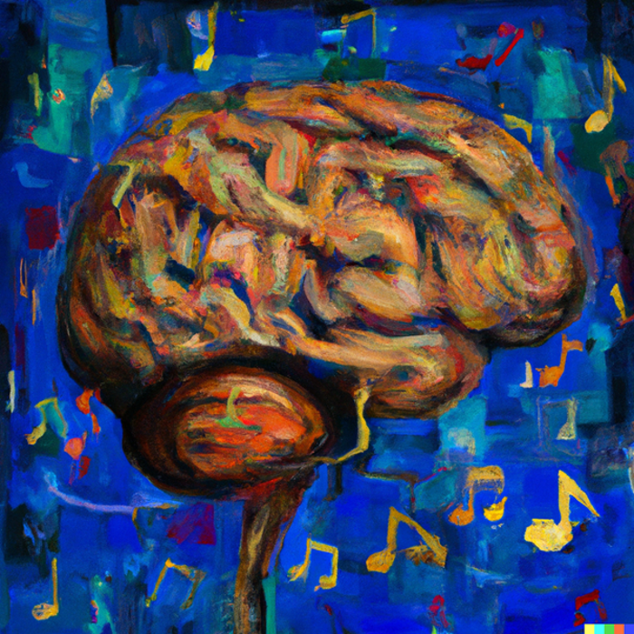 Kunst gecreëerd door Dall-E met prompts van Mohammed Mudarris, een soort brein met muzieknoten eromheen