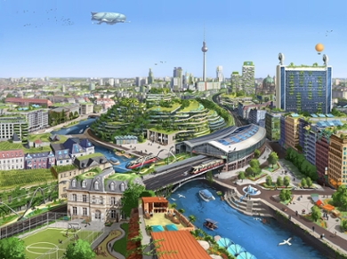 Een toekomstbeeld van een futuristisch, duurzaam Berlijn, door Aerroscape & Lino Zeddies via Wikimedia Commons