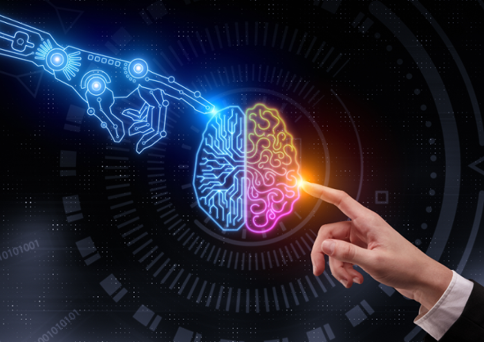 Afbeelding van een robothand en een menselijke hand die een brein aanraken.