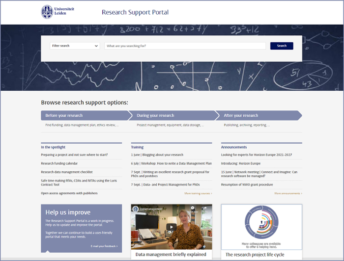 Startpagina van de research support portal.