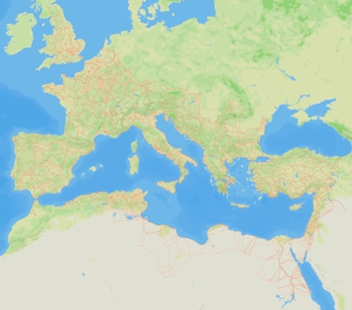 Kaart van het wegennetwerk in het Romeinse Rijk.