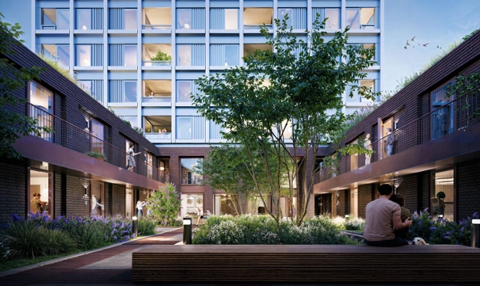 Artistieke impressie van More8: een hoog wit gebouw met daarvoor laagbouw om een tuin heen.