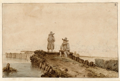 Anthonie van Borssom, Twee kunstenaars op een strekdam, met op de achtergrond de contouren van Arnhem, pen en bruine inkt, waterverf, 152 x 232 mm, Londen, British Museum, The Trustees of the British Museum