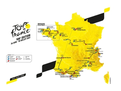 Kaart van Frankrijk met daarop de route van de Tour de France 2021