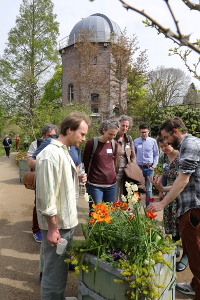 Zeven mensen kijken naar een plantenbak met oranje bloemen.