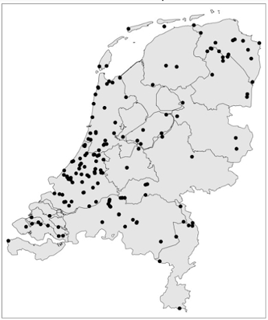 Kaart met de 153 locaties waar de metingen zijn gedaan