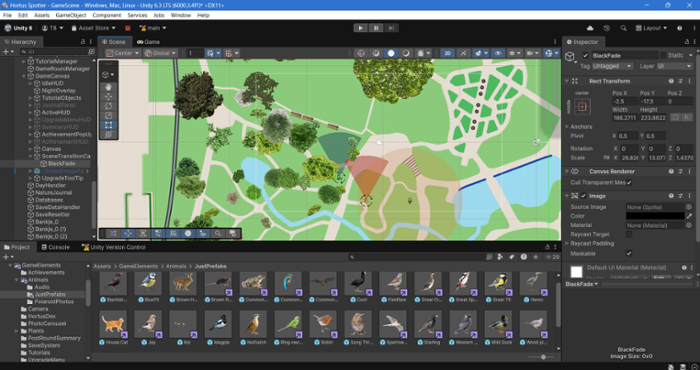 screenshot van game-engine Unity waarin Teun de Hortus Spotter game