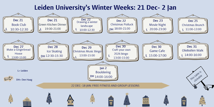 Blokkenschema met alle activiteiten tijdens de Winter Weeks
