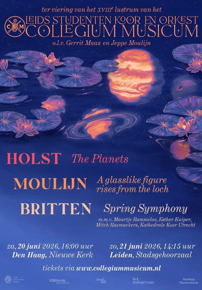Poster van het orkest met dezelfde textuele informatie. Schilderij van waterlelies met de weerspiegeling van de maan.